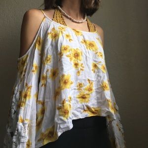 Forever 21 yellow flower cold shoulder top
